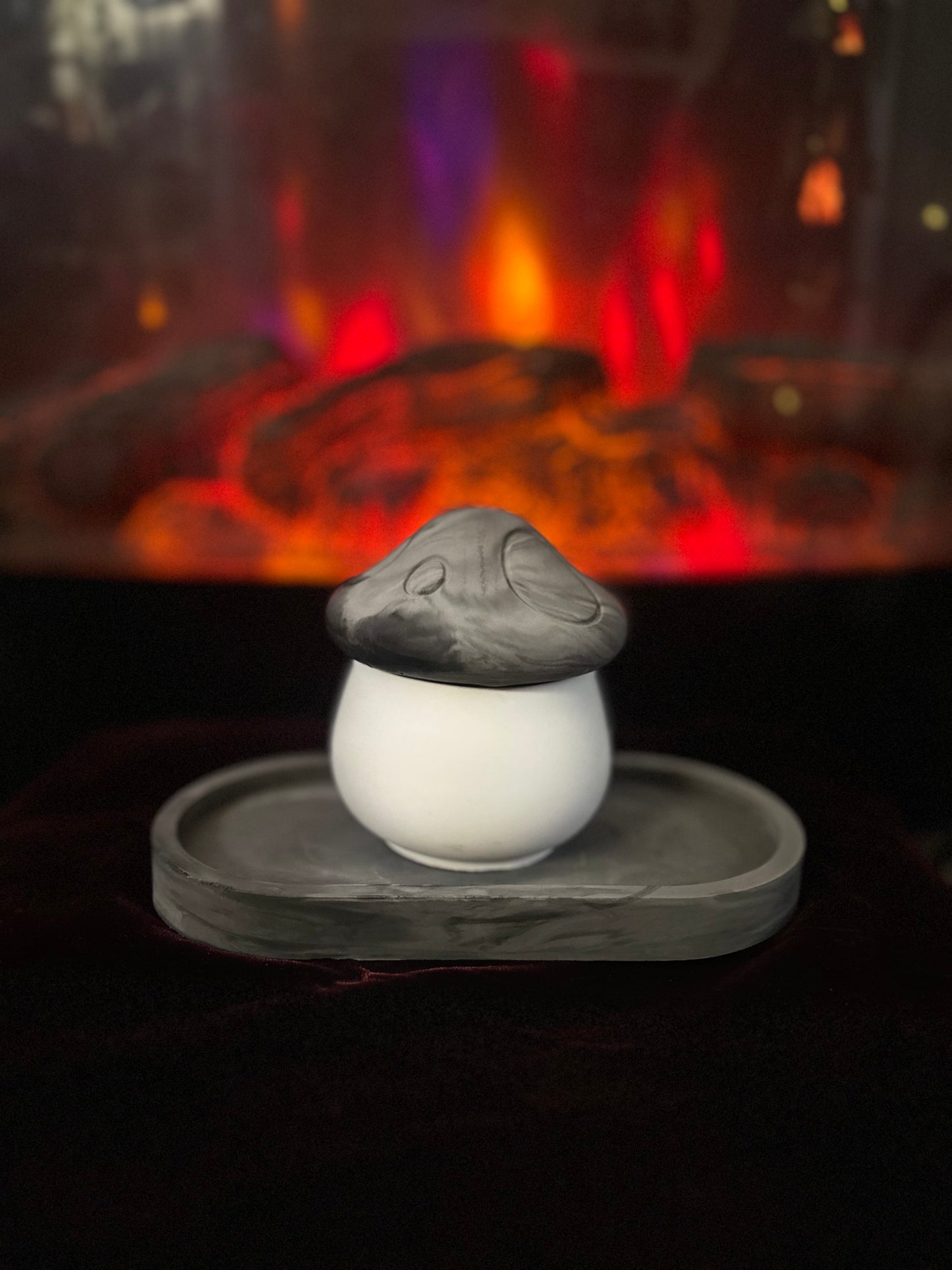 Handmade Black Ceramic Trinket Tray & Mushroom Jar