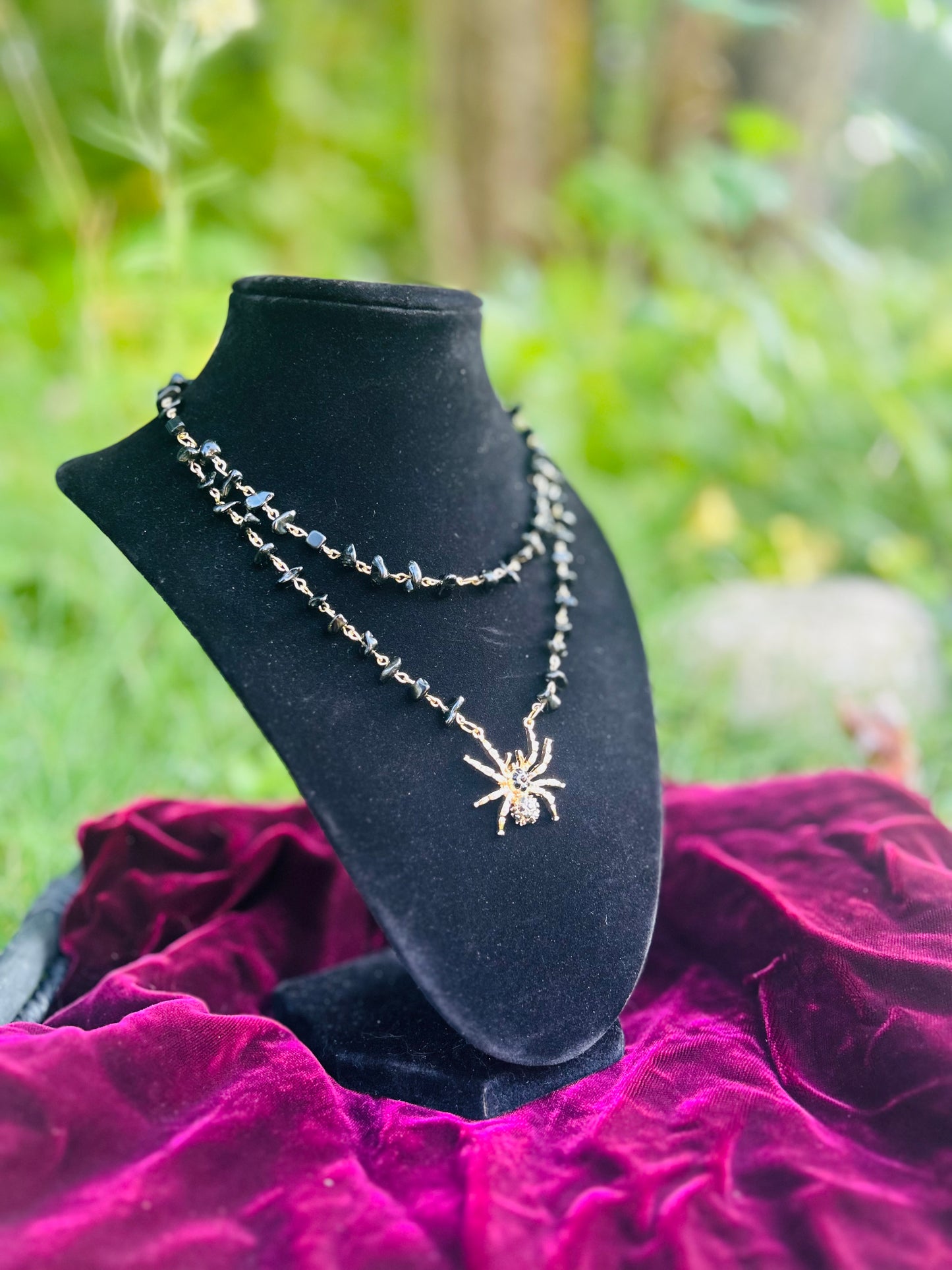 Handmade Golden Black Obsidian Spider Necklace!