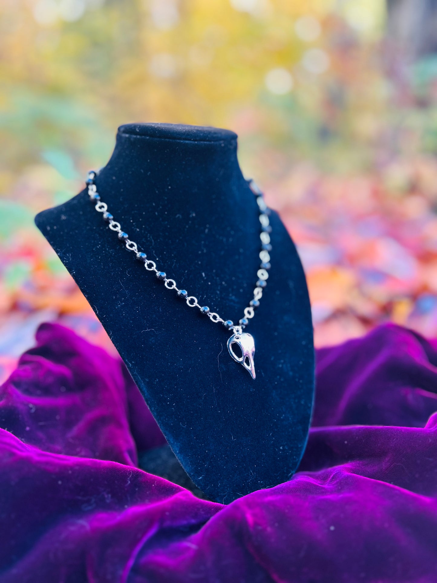 Handmade Silver Black Obsidian Bird Skull Necklace!