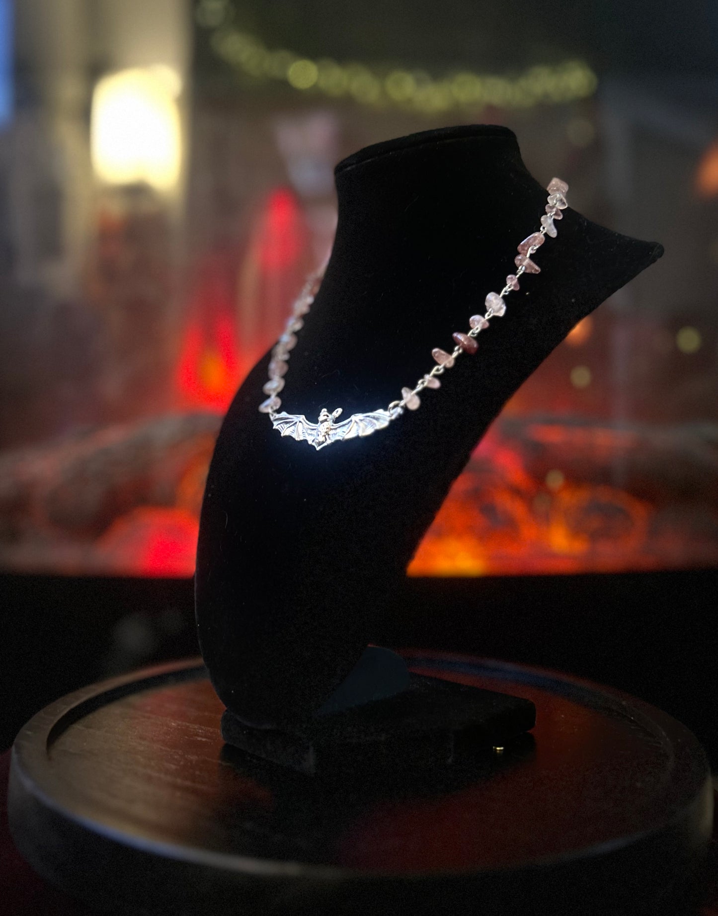 Silver Strawberry Quartz Bat Necklace!!!
