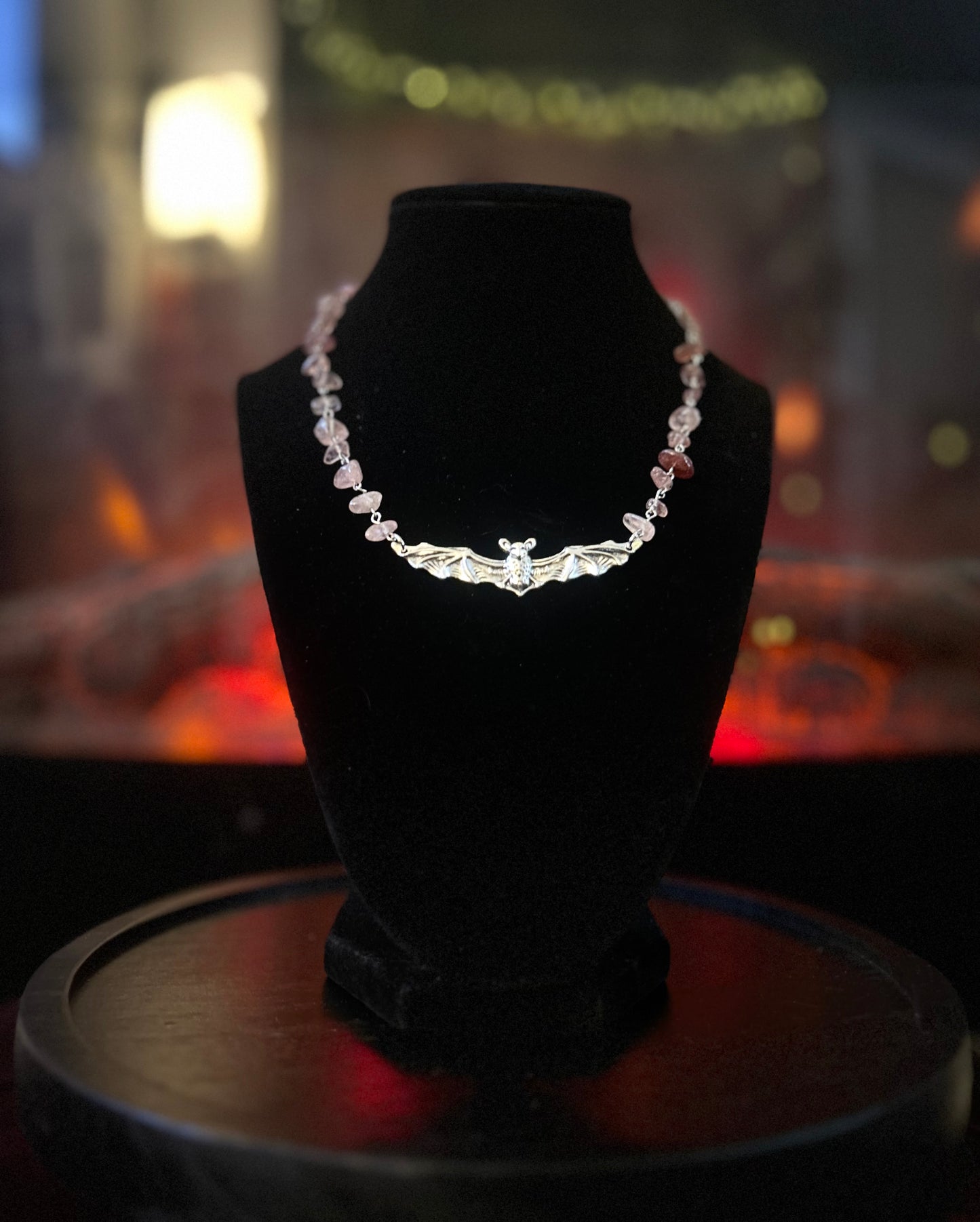 Silver Strawberry Quartz Bat Necklace!!!