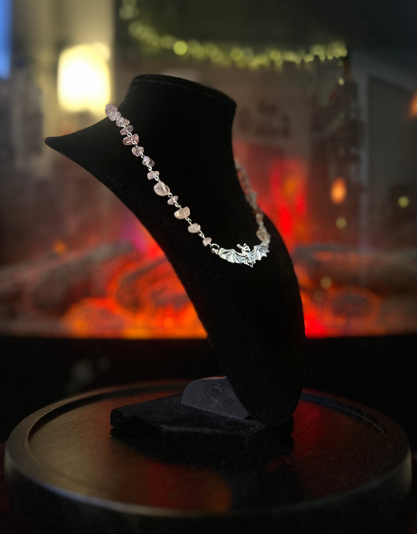 Silver Strawberry Quartz Bat Necklace!!!