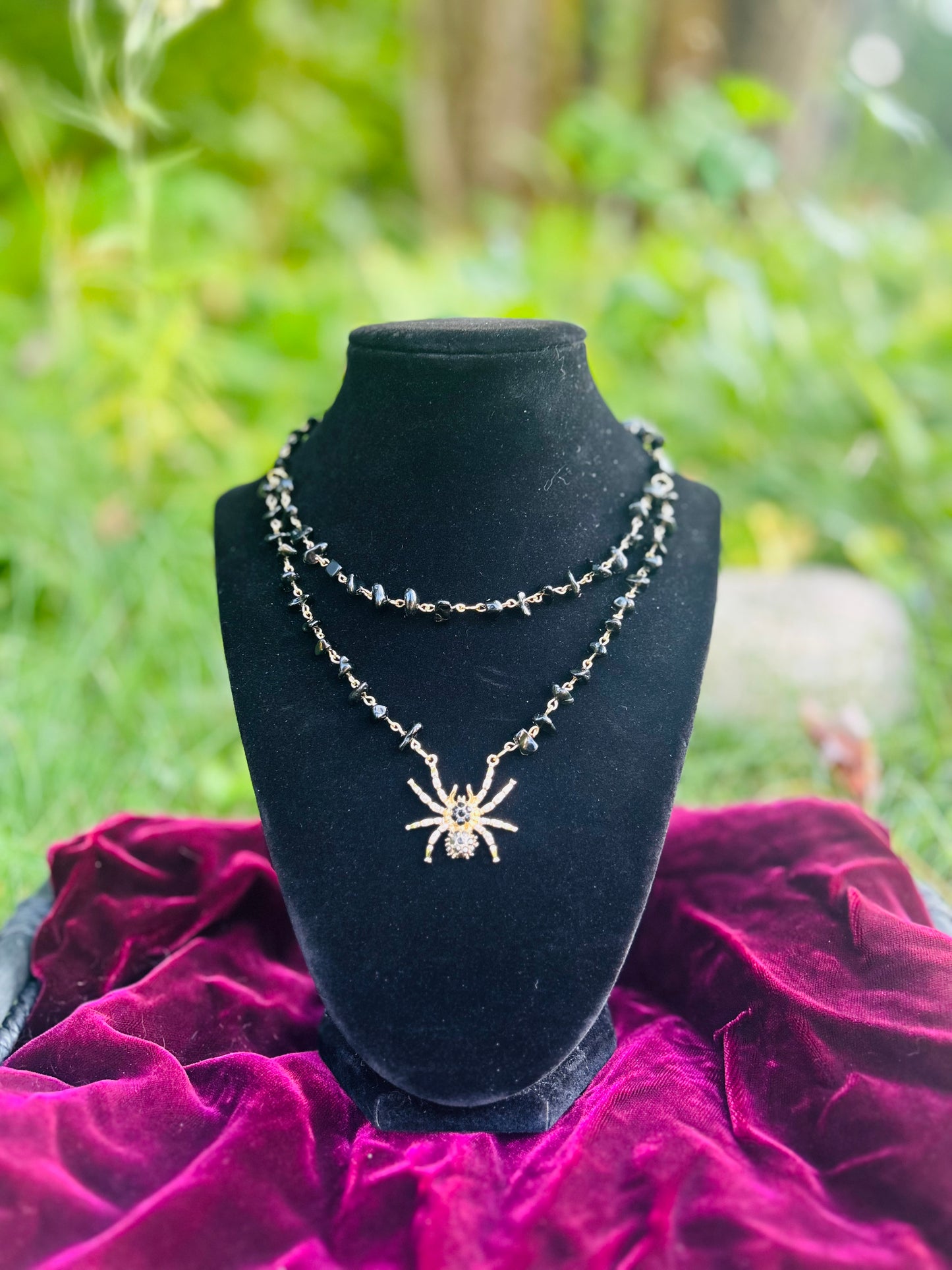 Handmade Golden Black Obsidian Spider Necklace!