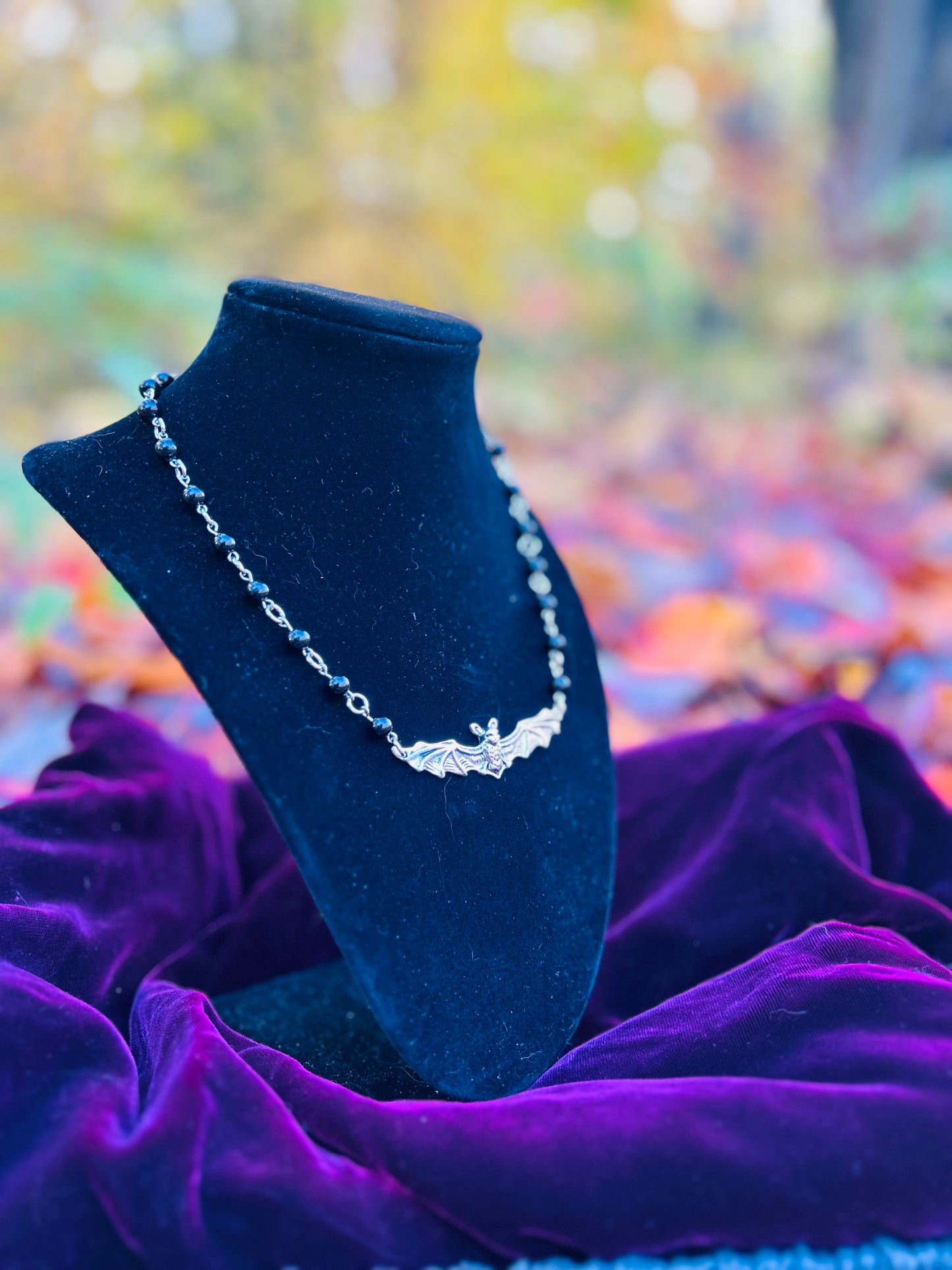 Handmade Silver Black Obsidian Bat Necklace!!