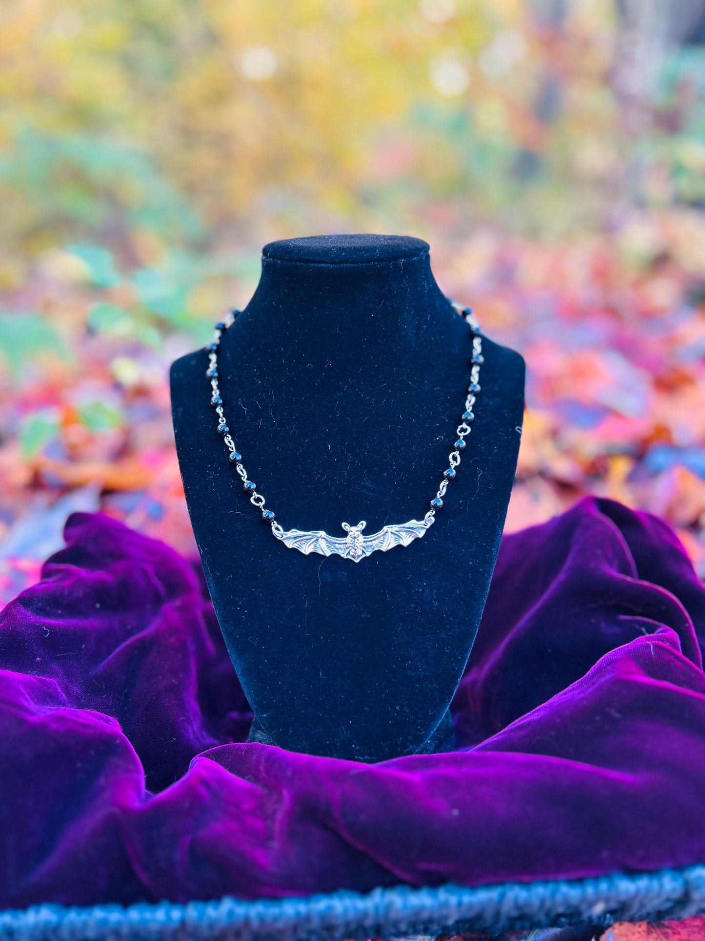 Handmade Silver Black Obsidian Bat Necklace!!