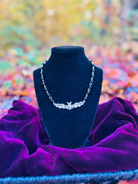 Handmade Silver Black Obsidian Bat Necklace!!
