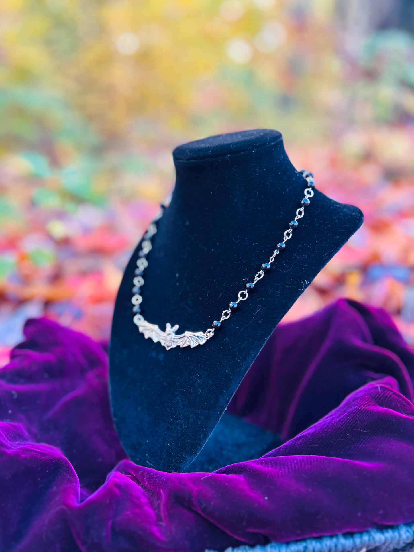 Handmade Silver Black Obsidian Bat Necklace!!