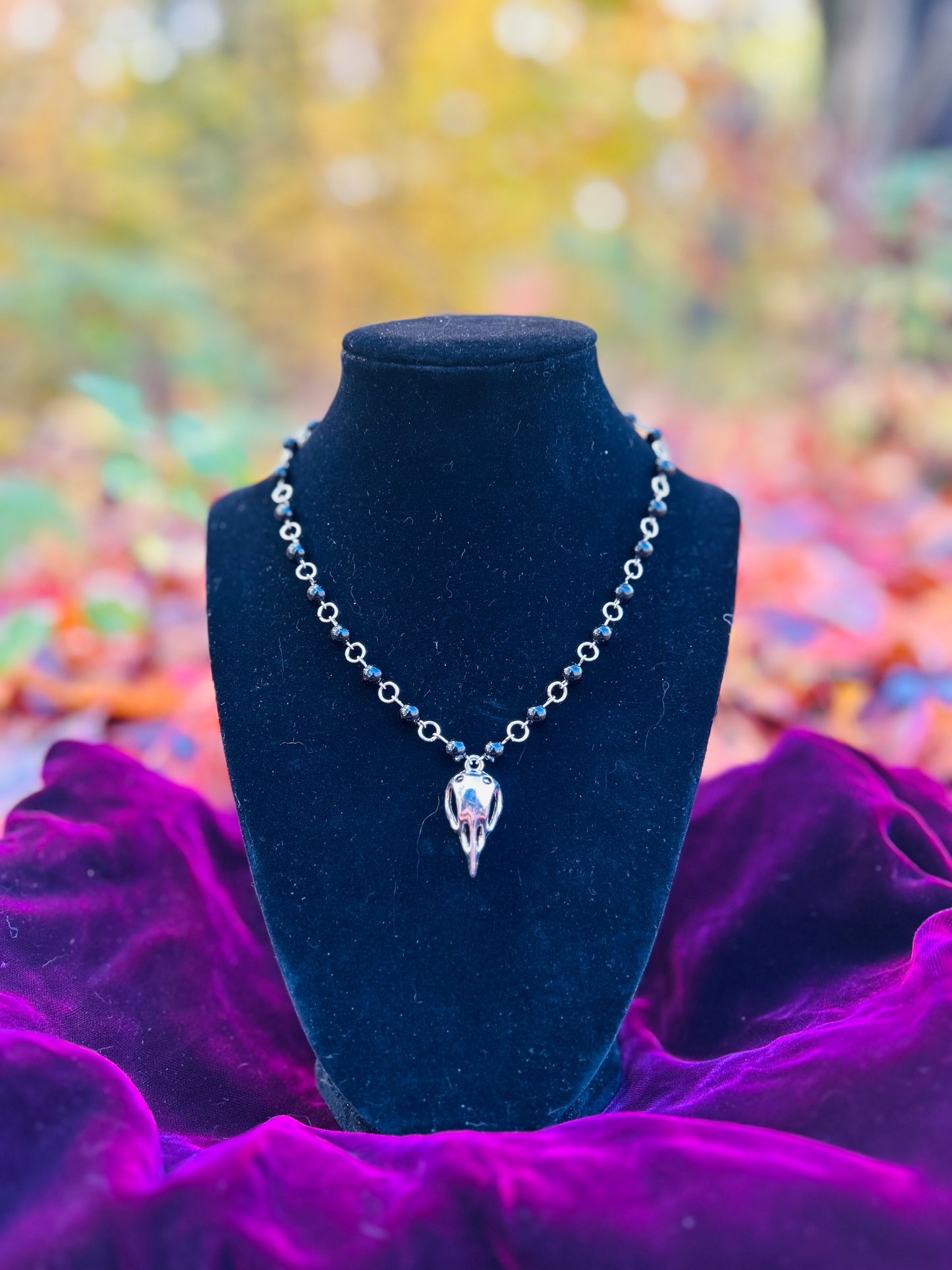 Handmade Silver Black Obsidian Bird Skull Necklace!