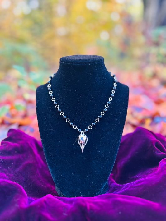 Handmade Silver Black Obsidian Bird Skull Necklace!