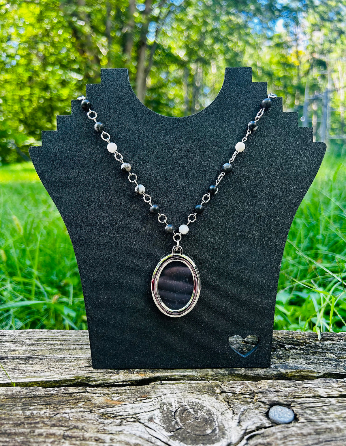 Silver Orca Agate Preserved Spiderweb Necklace!